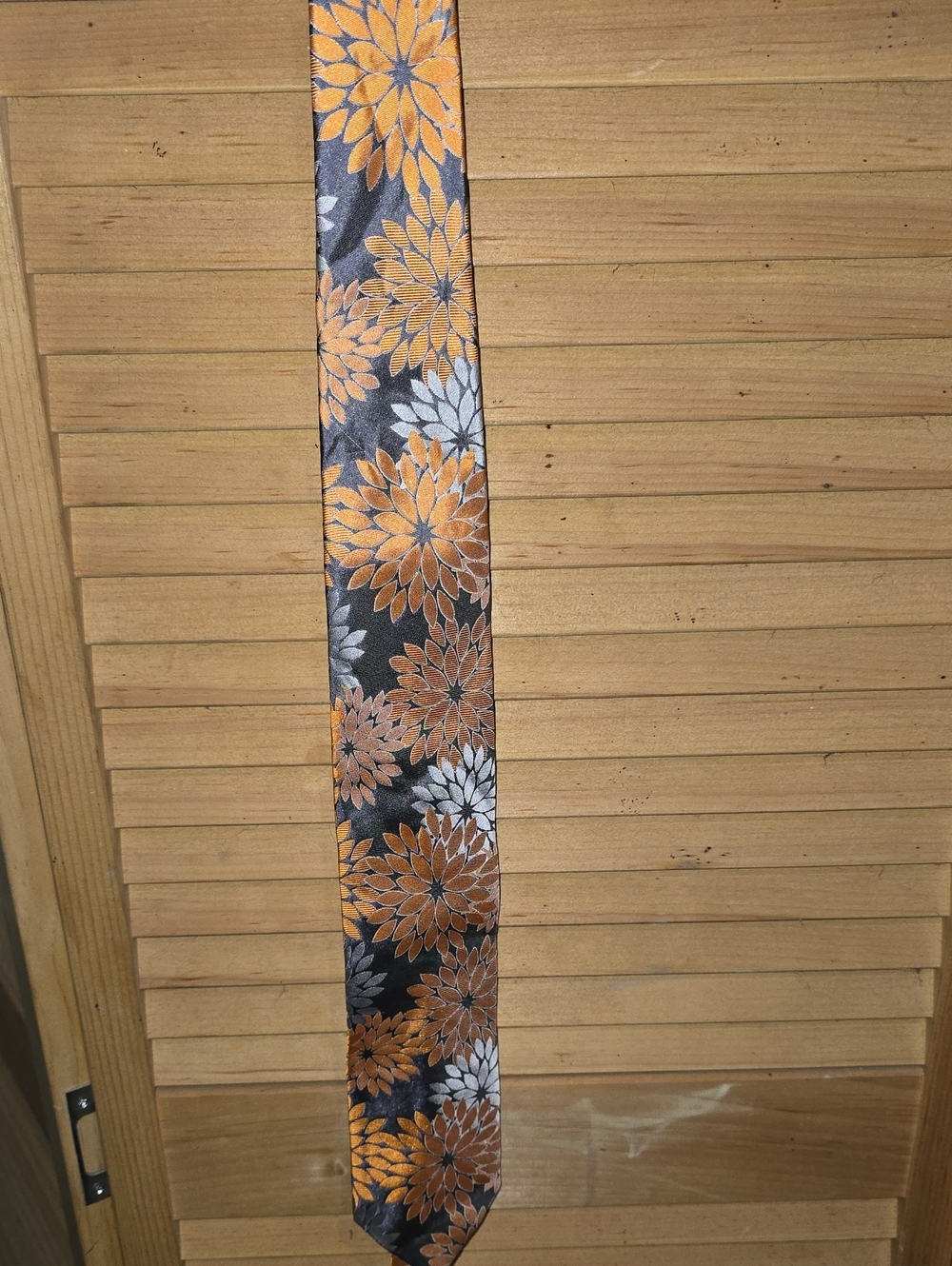 100% Silk Orange & light Gray Floral Chrysanthemum Mum Pattern Tie